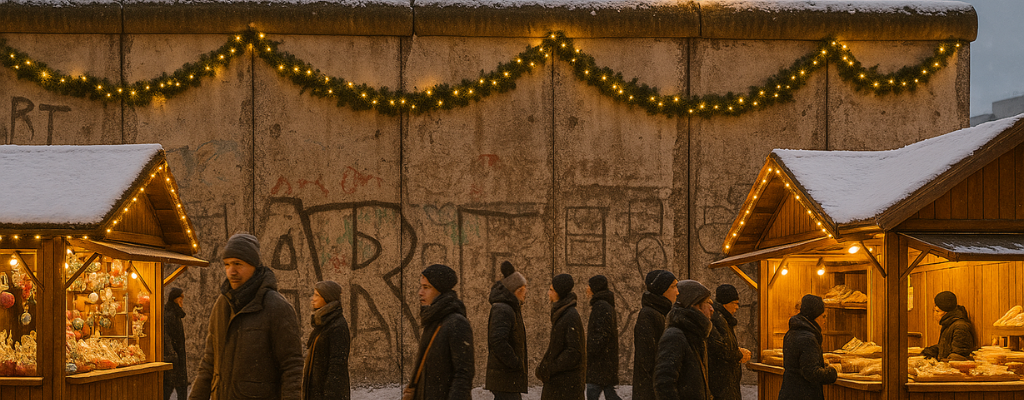 Fotografía realista en formato horizontal que combine la Puerta de Brandeburgo iluminada con luces cálidas y un fragmento del Muro de Berlín decorado con guirnaldas y motivos navideños. En la escena se aprecia un mercado navideño típico alemán con casetas de madera, luces brillantes, un gran árbol de Navidad iluminado y gente paseando abrigada disfrutando del ambiente festivo. Nieve ligera en el suelo y un cielo invernal suave que refuerce la atmósfera navideña. Imagen de alta calidad pensada como cabecera promocional para un viaje a Berlín en el puente de diciembre.